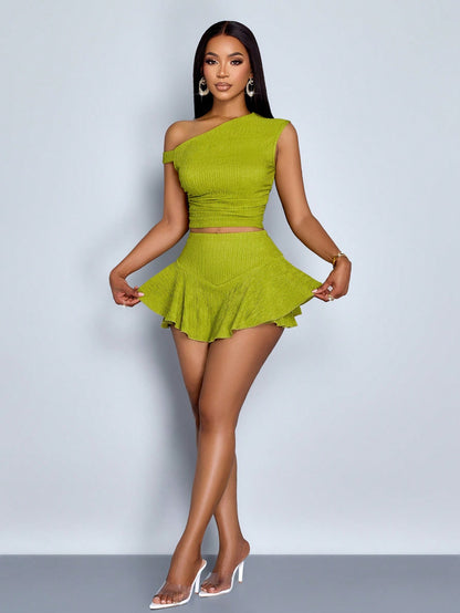 SOLERSUN Women's Olive Green Off-Shoulder Top And Asymmetric Skirt Suit