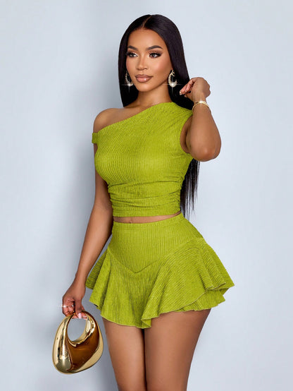 SOLERSUN Women's Olive Green Off-Shoulder Top And Asymmetric Skirt Suit