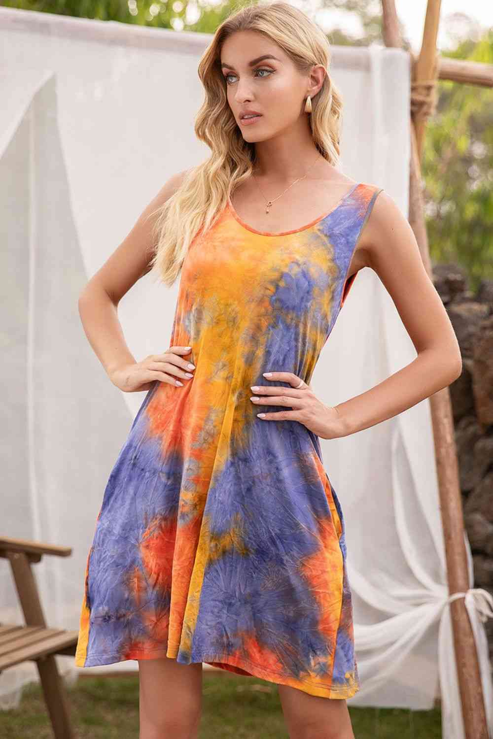 blue and orange tie dye dress Women's Blue Orange Tie Dye Sleeveless Maxi Dress V-Neck Long Strappy
